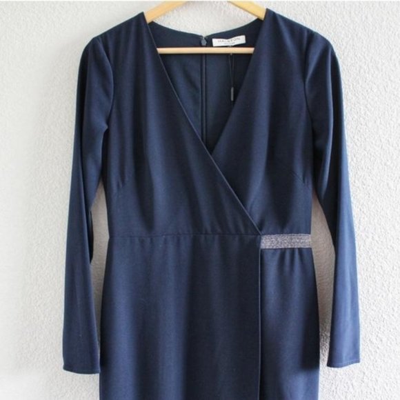 Halston Navy Blue Asymmetric Crepe Wrap Gown Formal Dress - Picture 2 of 3